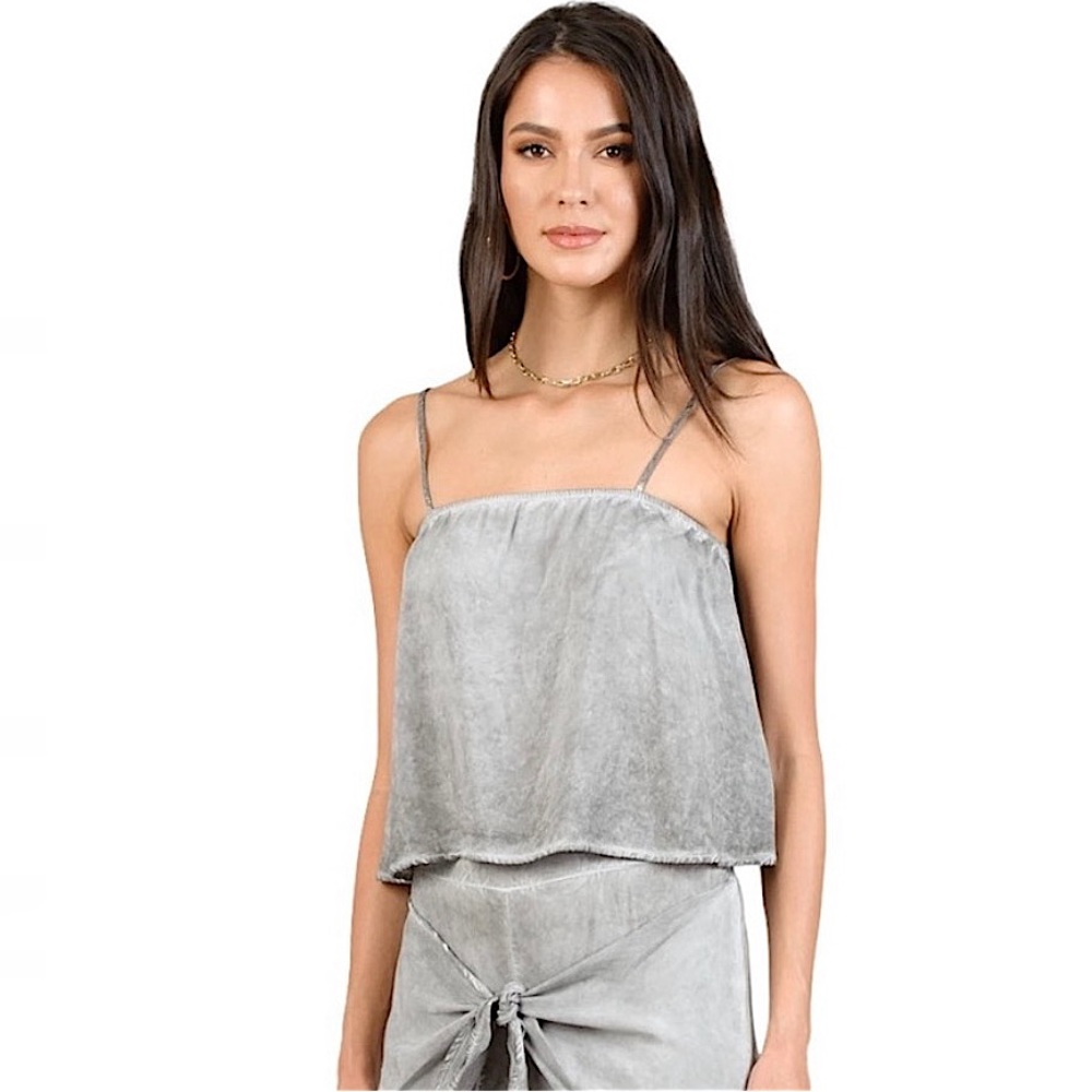 Anthropologie NYTT Cora Oil Wash Flounce Stone Gray Cropped Flounce Camisole Top